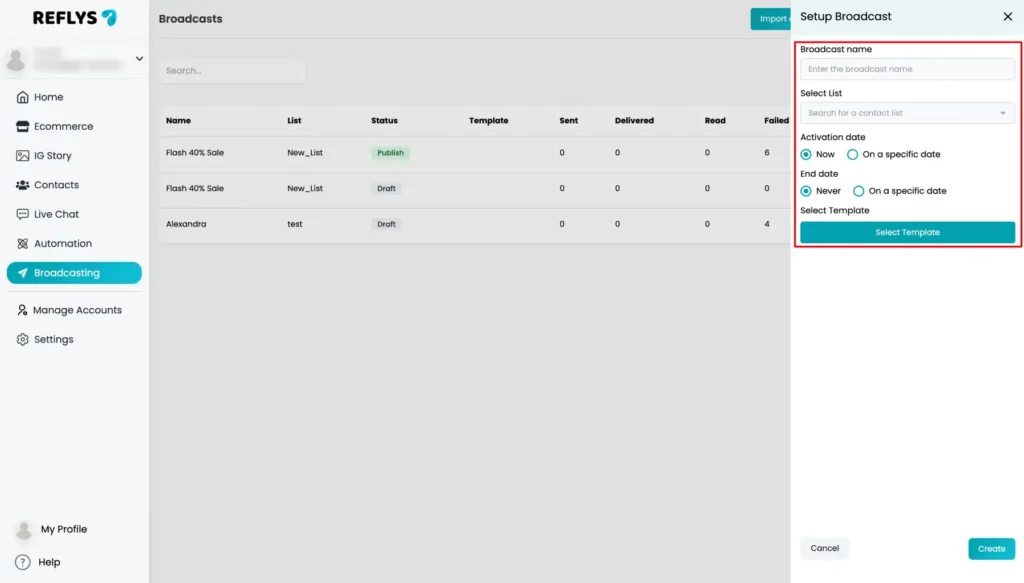 WhatsApp Template Broadcast in Reflys