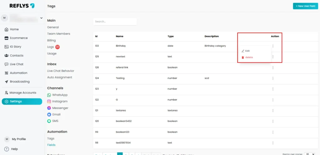 Actions of Custom User Fields in Reflys