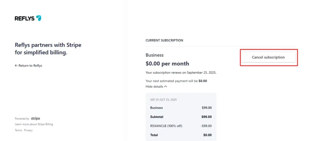 Cancel Subscription of Reflys