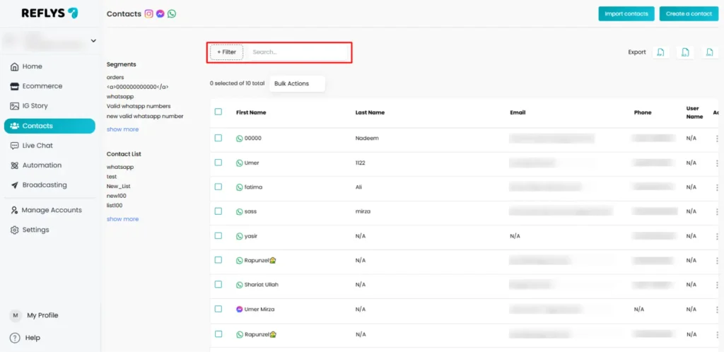 Contacts Tab in Reflys