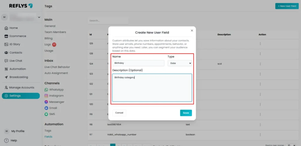 Create New User Fields in Reflys