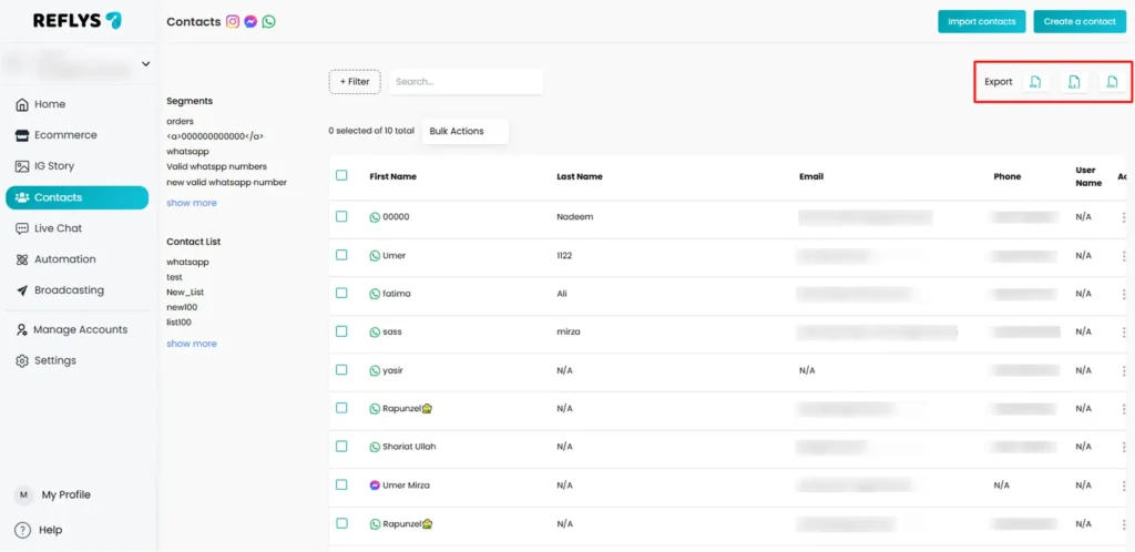 Export Contacts in Reflys