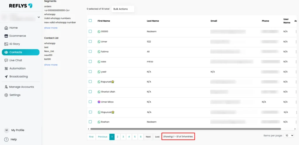Showing Number of Contacts
