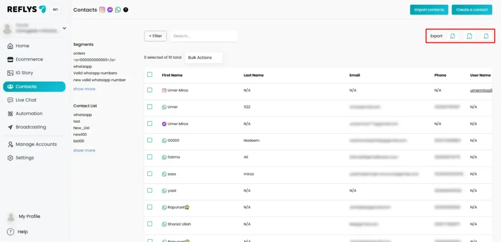 Export options of Contacts in Reflys