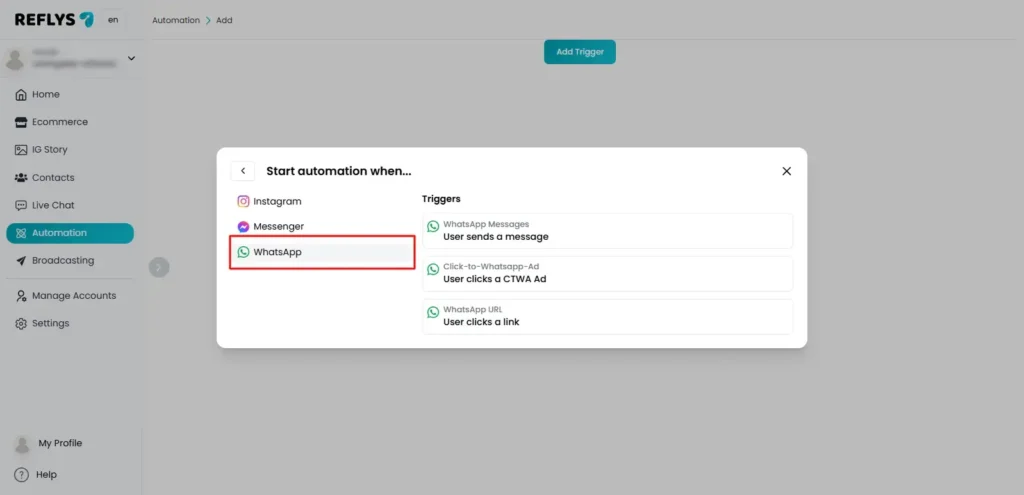 Start Automation with WhatsApp in Reflys