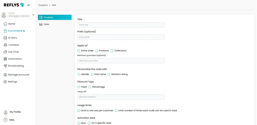 Add New Coupon for Generate Sales with Reflys