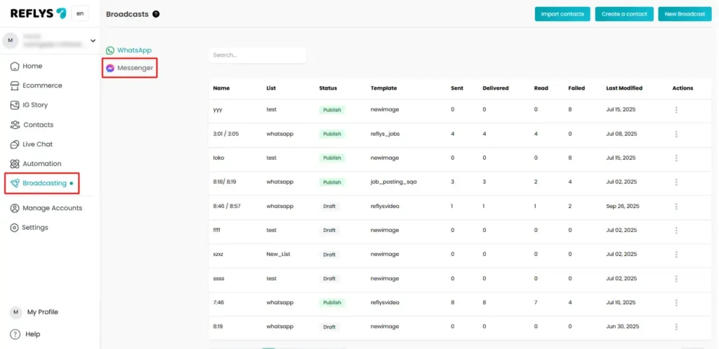 Messenger Broadcast in Reflys