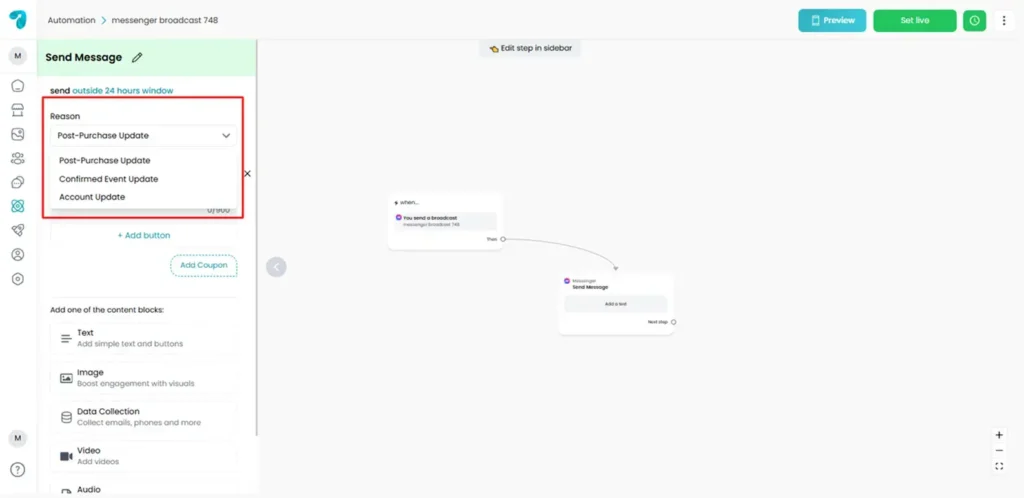 Select a Reason for Broadcasting in Reflys