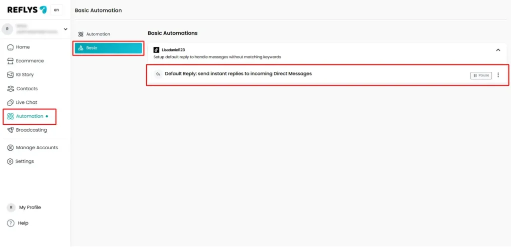 Automatic Default Replies for TikTok Automation in Reflys