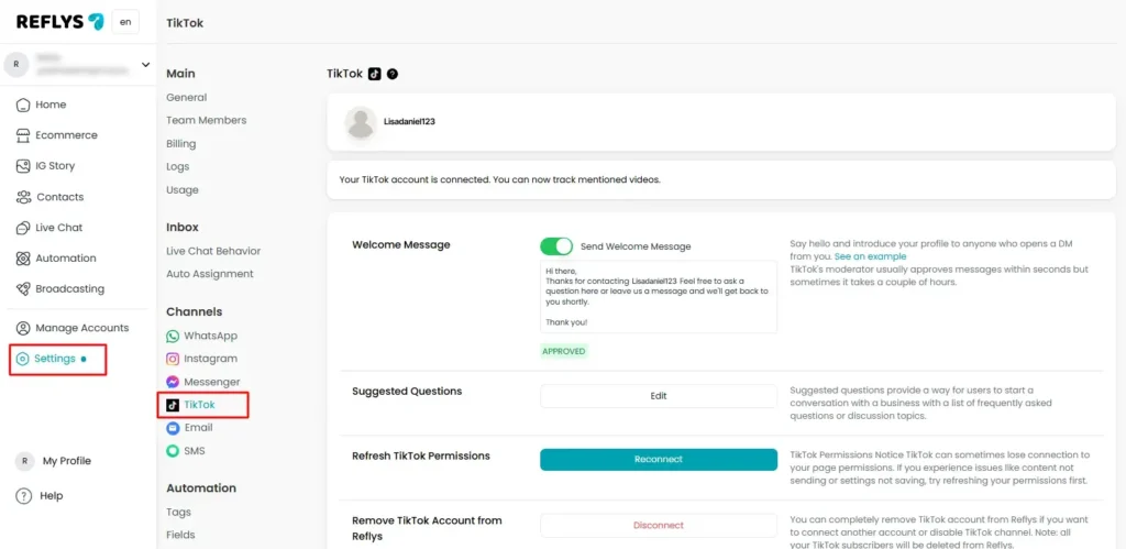 Dashboard for TikTok Welcome Message with Reflys