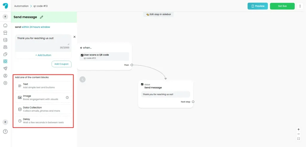 Message options you can send for TikTok Automation in Reflys