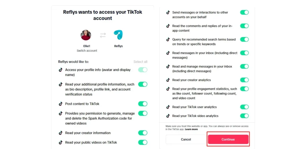 Reflys Permissions to Connect Your TikTok Account