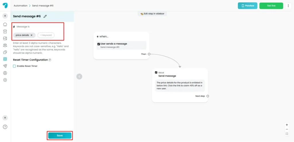 Set Keywords for User Sends a Message