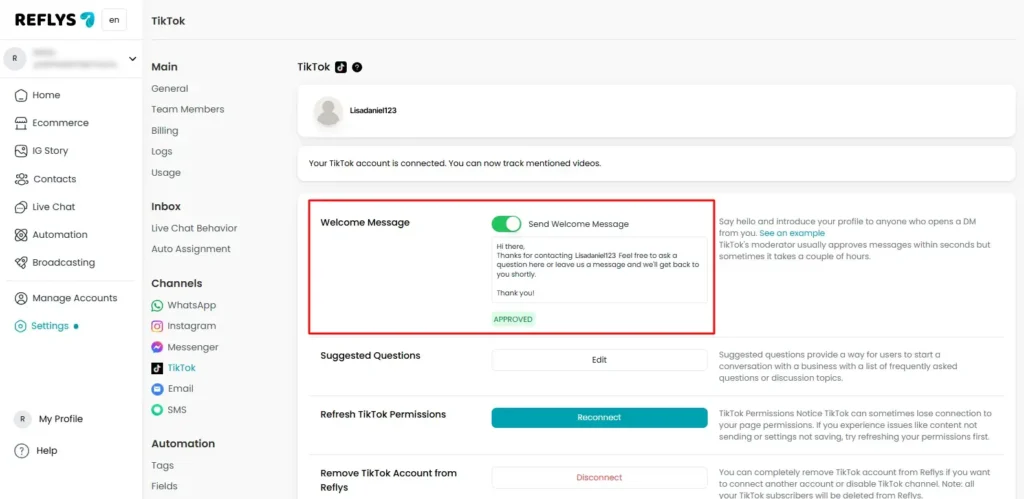 Set Up TikTok Welcome Message with Reflys