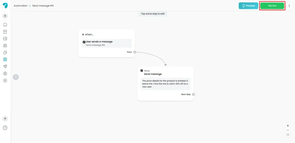 Set up TikTok Automation in Reflys of User Sends a Message