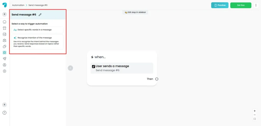 Set up Trigger block of User Sends a Message