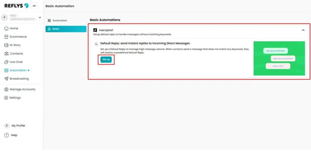 Setup TikTok Default Reply in Reflys
