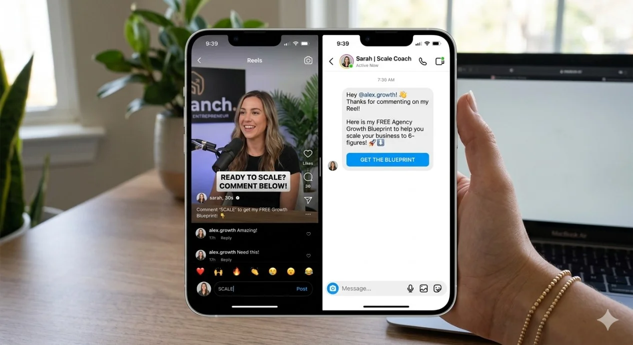 Mobile view of a social media chatbot executing a comment-to-DM automation flow for instant lead capture.