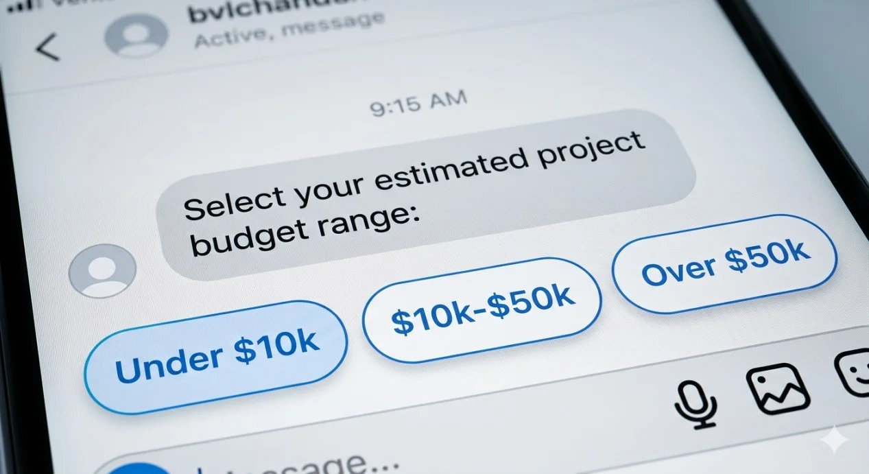 social media chatbot showing quick-reply buttons for lead qualification in Instagram DMs