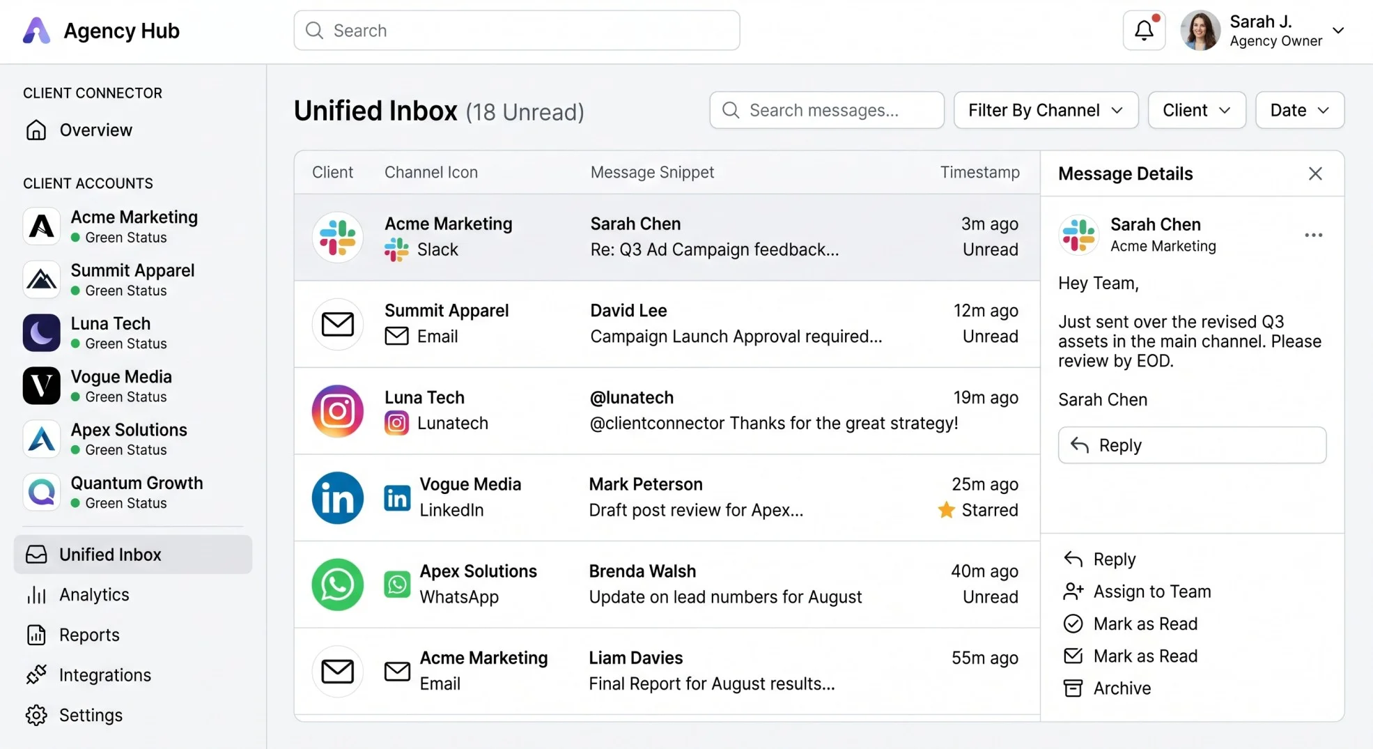 Agency owner using a unified chatbot for marketing agencies dashboard
