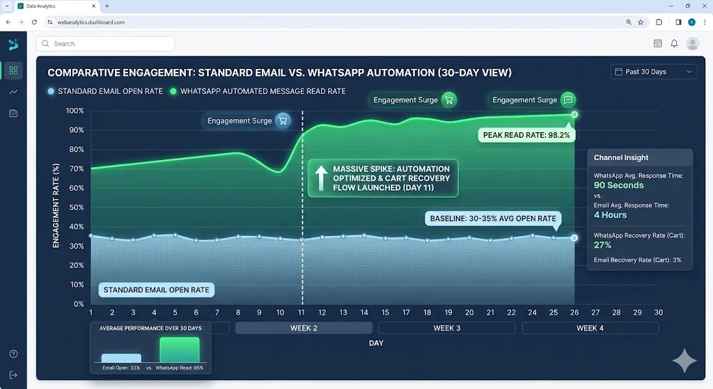 Analytics dashboard comparing email versus instant reply open rates
