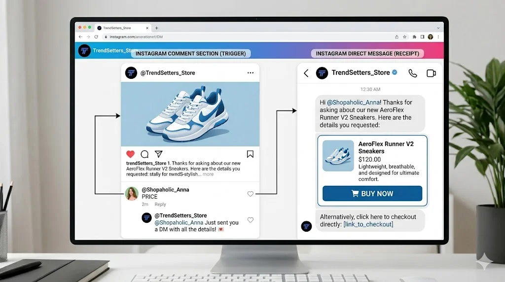 Automated Instagram comment to DM flow using a conversational marketing bot.