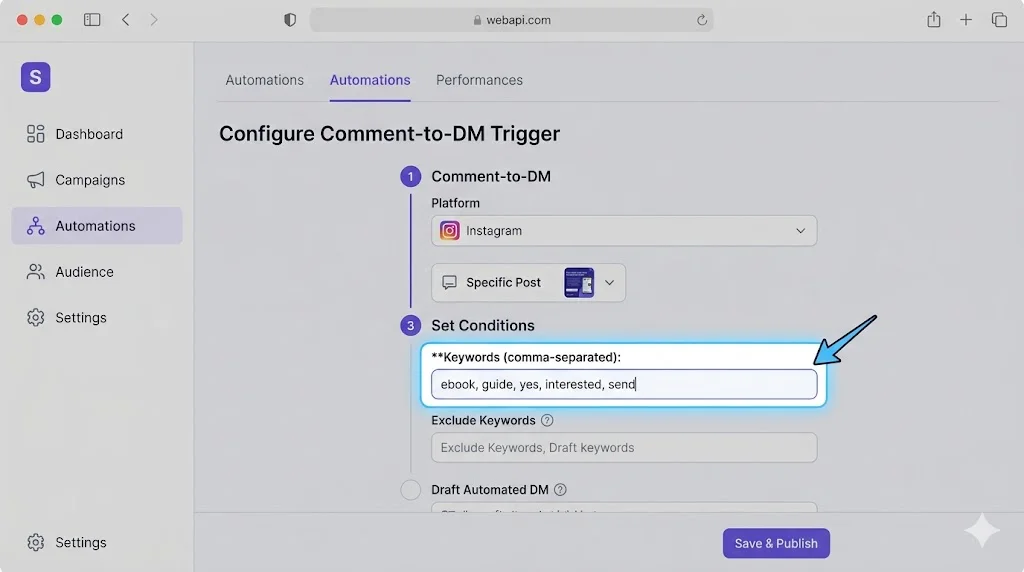 Comment to DM automation workflow configuration for fb messenger instagram
