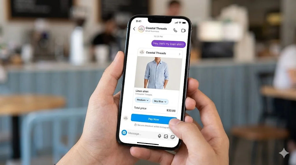 Conversational commerce checkout flow inside Instagram DMs
