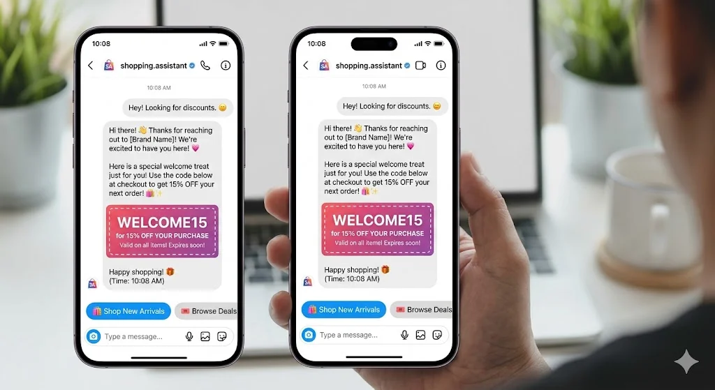 E-commerce automated welcome message showcasing custom discount code buttons for instagram dm marketing