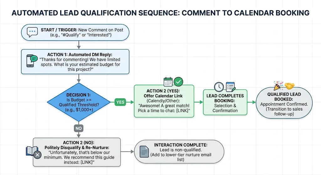 Flowchart showing an automated chat sequence designed to trigger more suggestions instagram dm