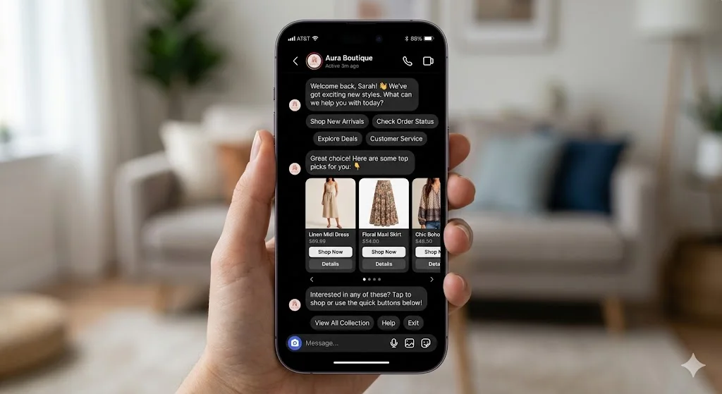 Interactive Instagram chatbot sending product cards via direct message