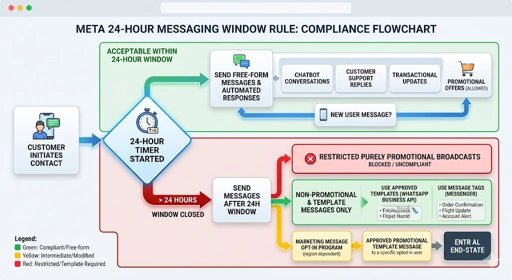 Meta API 24-hour messaging window rule flowchart for chatbots