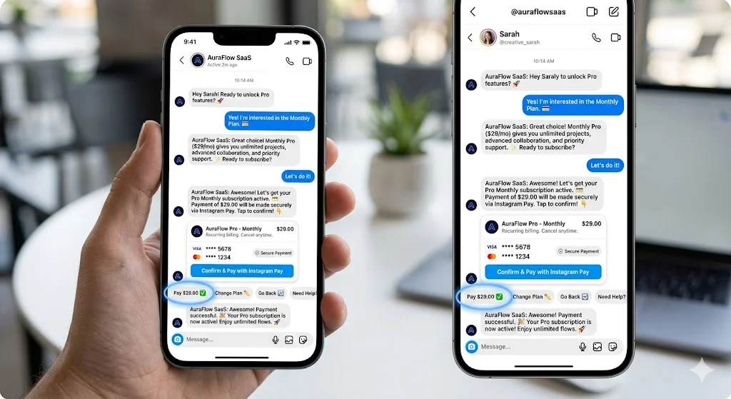 Mobile mockup of conversational commerce checkout via the instagram direct message suggested list