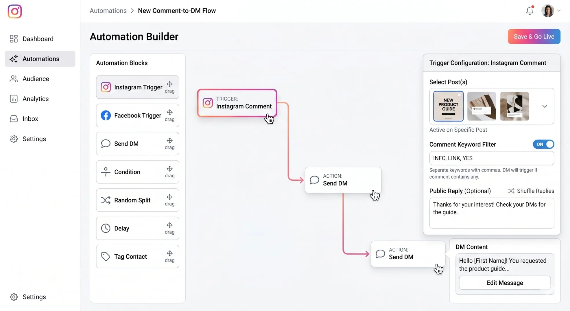 SaaS interface displaying a comment-to-DM trigger setup for chatbot marketing