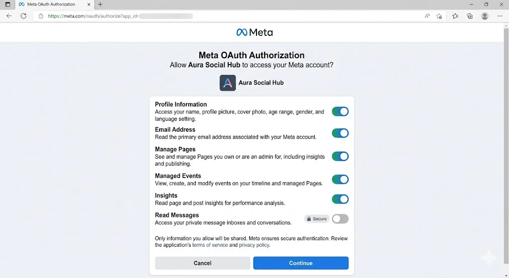 Secure Meta API OAuth permissions configuration dashboard