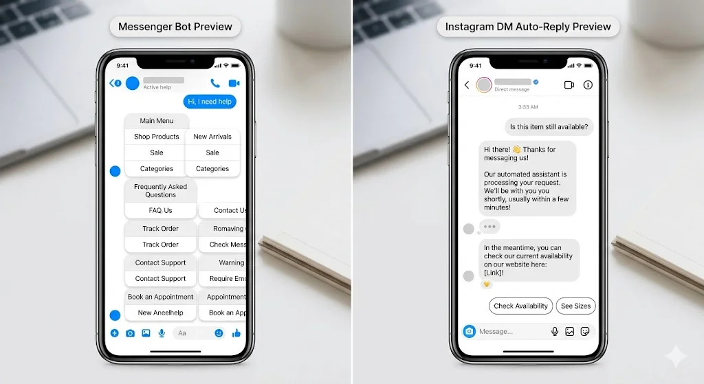 Visual comparison of messenger vs instagram automated chat interfaces