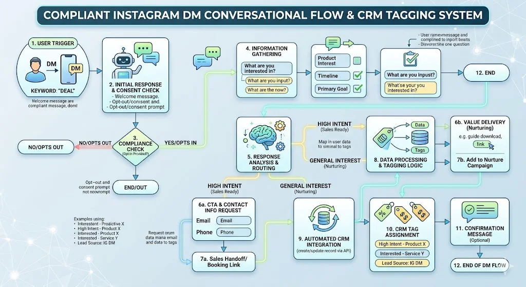 Visual flowchart detailing an official Meta API compliant conversational marketing system flow design