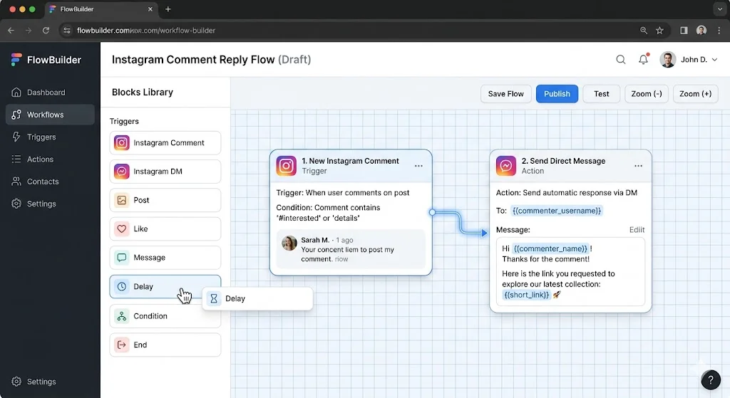 Visual workflow builder for Instagram DM automation and auto-replies