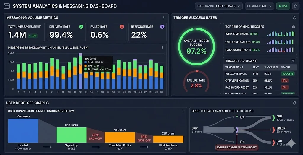 Analytics dashboard highlighting performance tracking metrics for a chatbot example
