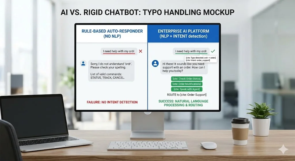 Comparison between rigid auto-responders and an advanced AI chatbot platform handling user typos