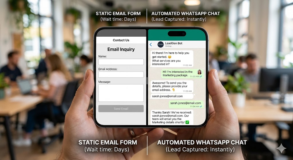 Comparison between slow email forms and fast chat widget conversational commerce
