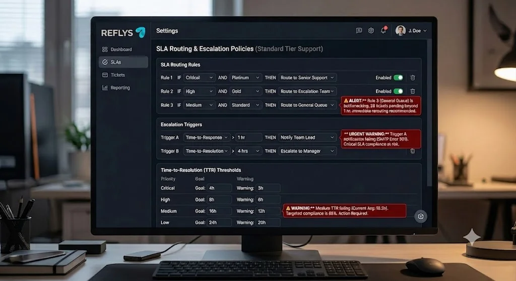 Customer service management dashboard showing SLA escalation parameters