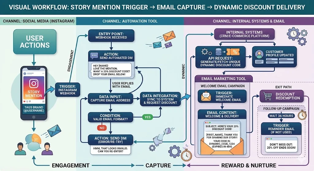 Instagram DM automation flow for capturing user generated content and are bots artificial intelligence capabilities
