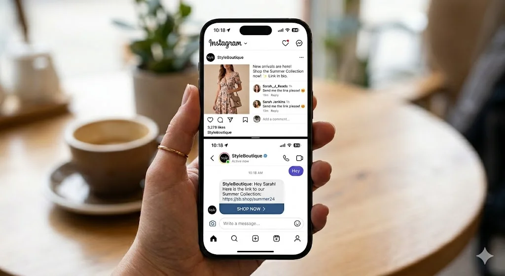 Instagram comment to DM automation flow demonstrating key features of chatbot