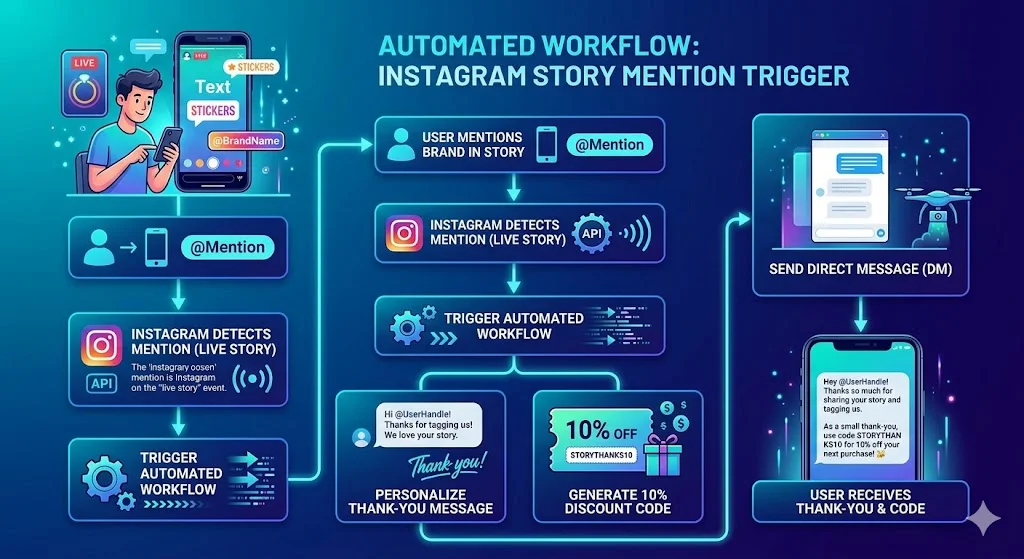 Instagram story mentions automation flow driving customer loyalty
