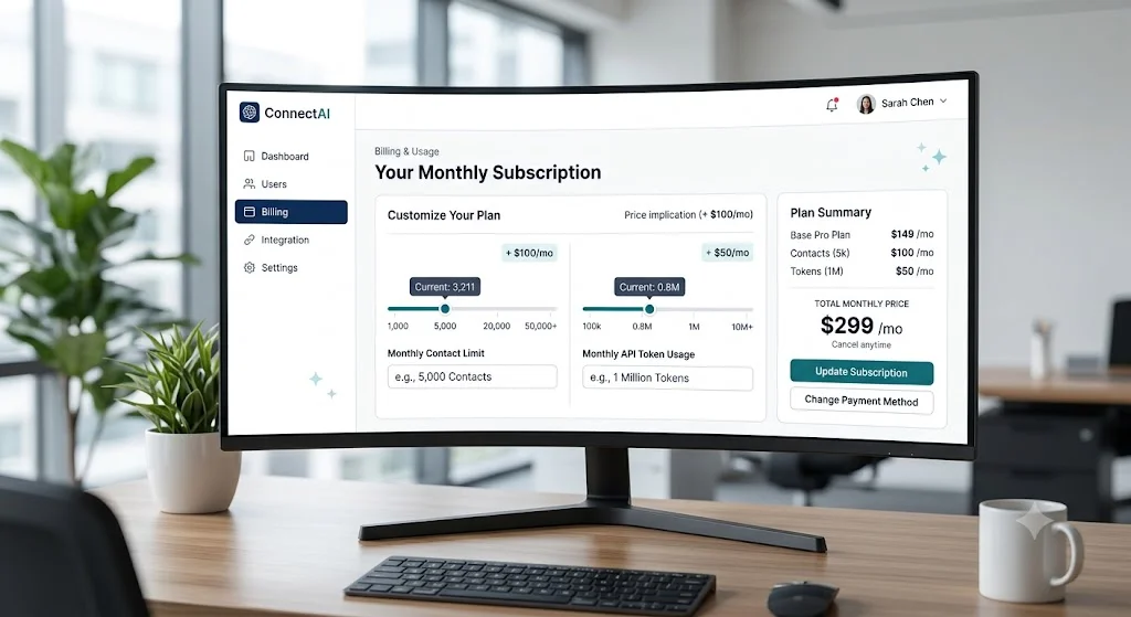 SaaS billing dashboard showing a standard chatbot price plan and contact limits