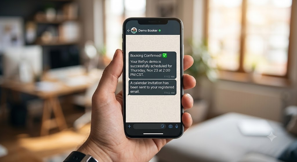 Successful demo booking completed via automated WhatsApp business API