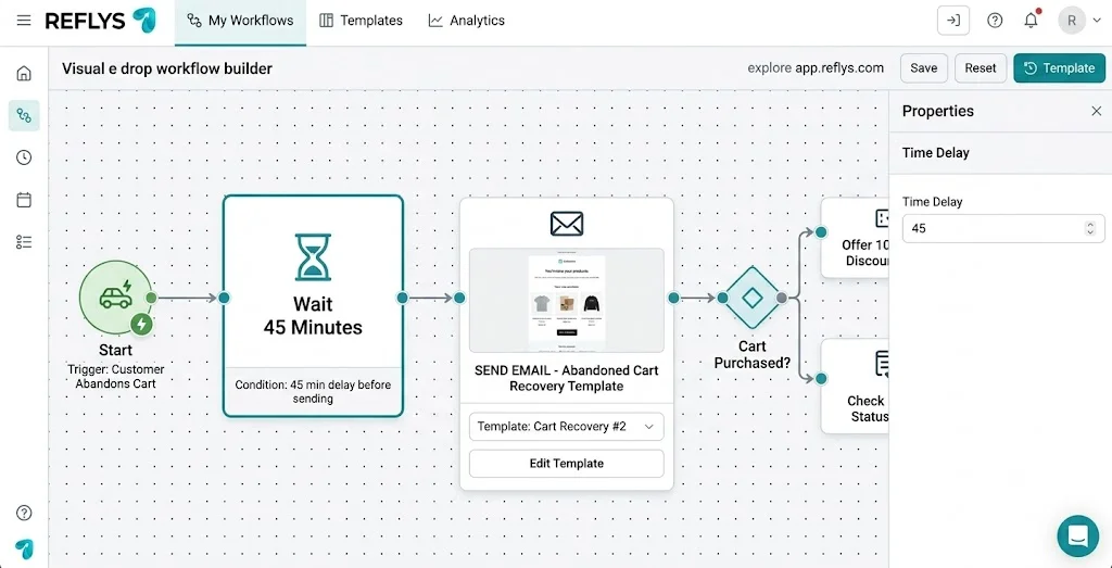 schedule whatsapp messages workflow inside the Reflys flow builder