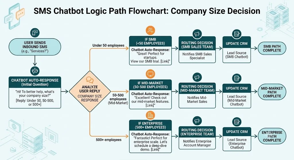 A flowchart diagram illustrating the logic path of an SMS Chatbot