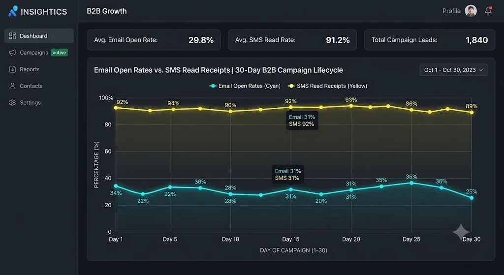 Analytics chart comparing email open rates versus SMS